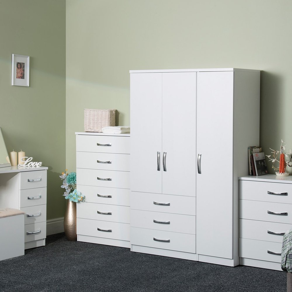 Nova bedroom furniture with wardrobe, chests of drawers and bedside table in white