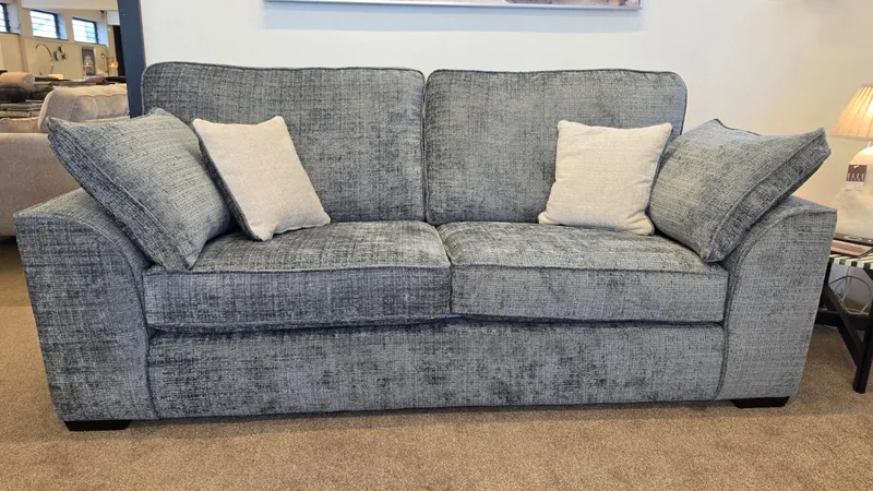 Grey textured fabric 3 seater sofa with scatter cushions, in our Cleveleys showroom