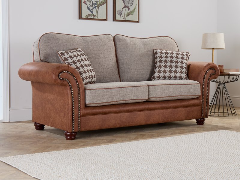 Regent bespoke sofa in tan with beige fabric cushions