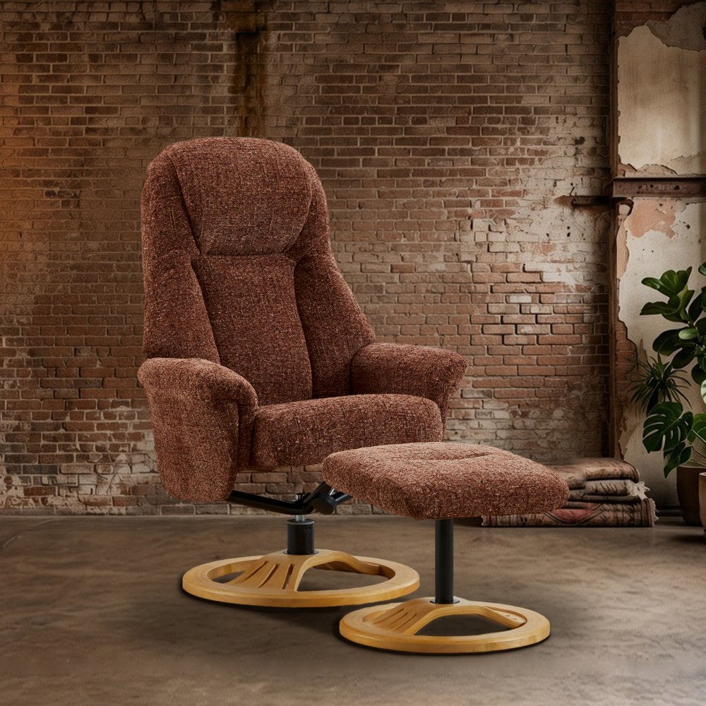 Bahama swivel recliner chair and footstool in Copperblush fabric