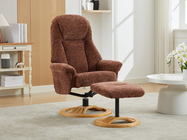 The Bahama swivel recliner and footstool in Copperblush fabric
