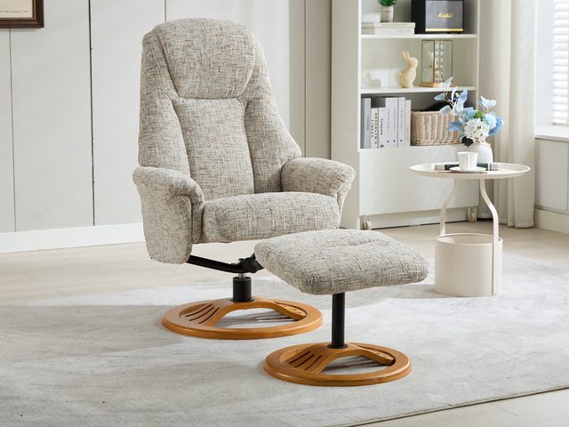 The Bahama swivel recliner and footstool in Frost fabric