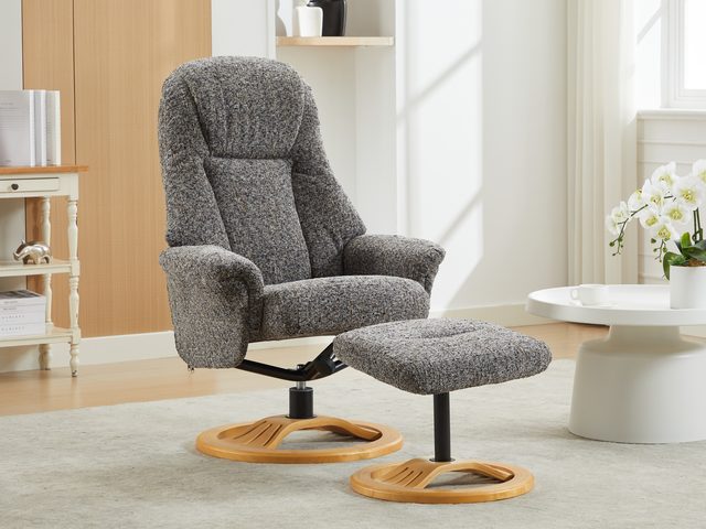 The Bahama swivel recliner and footstool in Muscari fabric