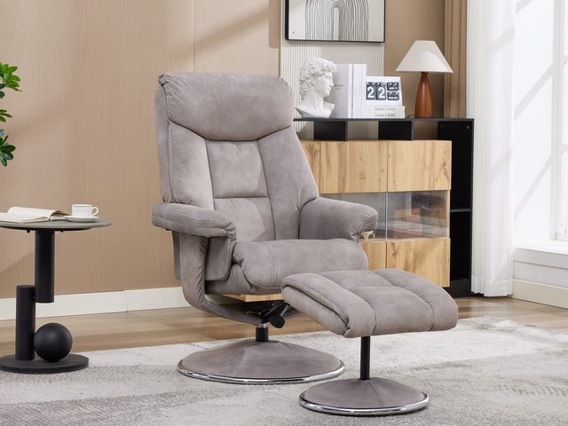 The Basque swivel recliner and footstool in Almond fabric