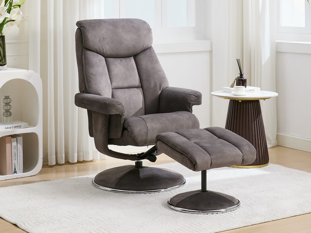 The Basque swivel recliner and footstool in Carbon Grey fabric