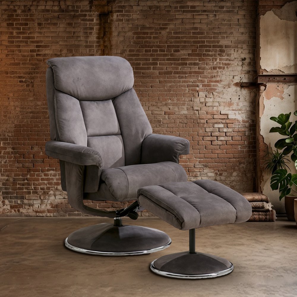 Basque swivel recliner chair and footstool in Carbon Grey fabric