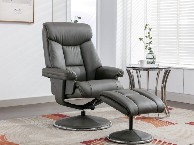 The Basque swivel recliner and footstool in Cinder faux leather