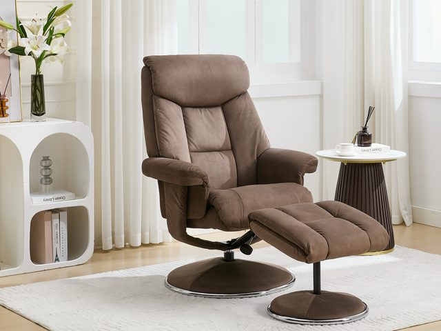 The Basque swivel recliner and footstool in Fawn fabric