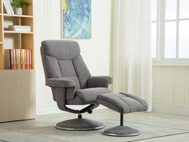 The Basque swivel recliner and footstool in Lisbon Grey fabric
