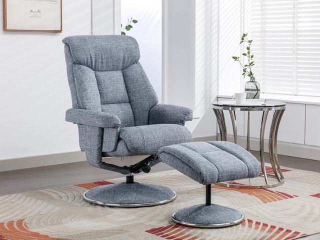 The Basque swivel recliner and footstool in Lisbon Marine fabric