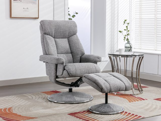 The Basque swivel recliner and footstool in Lisbon Rock fabric