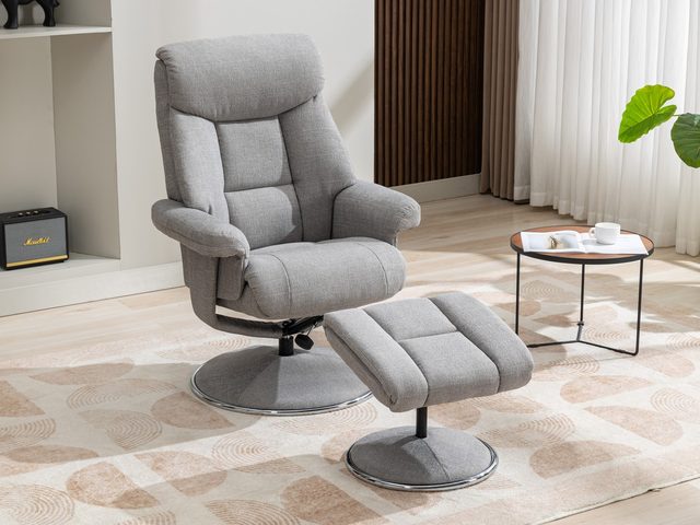 The Basque swivel recliner and footstool in Lisbon Silver fabric
