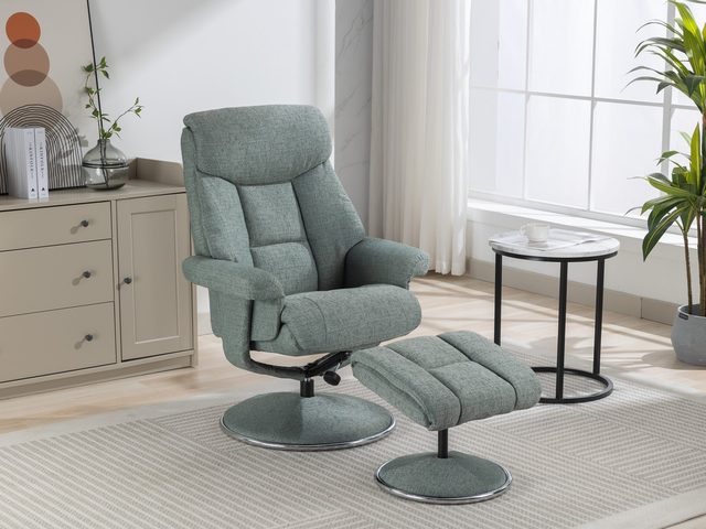 The Basque swivel recliner and footstool in Lisbon Teal fabric
