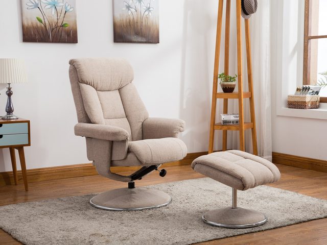 The Basque swivel recliner and footstool in Lisbon Wheat fabric