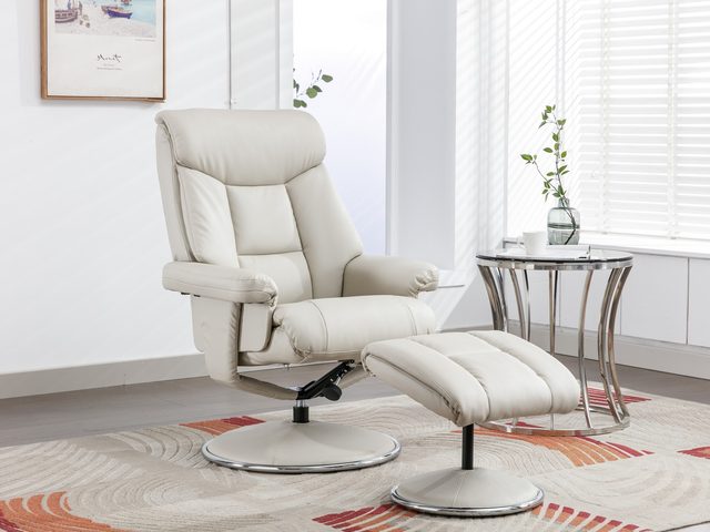 The Basque swivel recliner and footstool in Mushroom faux leather