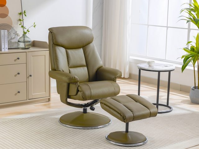 The Basque swivel recliner and footstool in Olive Green faux leather