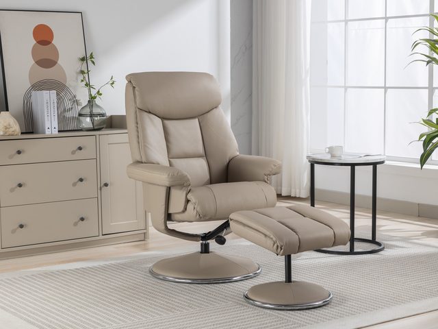 The Basque swivel recliner and footstool in Pebble faux leather