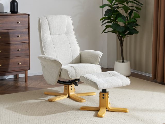 The Jefferson swivel recliner and footstool in Marzipan fabric