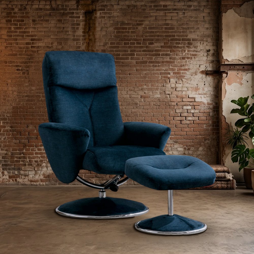 Padstow swivel recliner chair and footstool in Deep Sea fabric