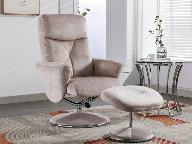 The Padstow swivel recliner and footstool in Champagne fabric