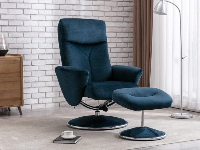 The Padstow swivel recliner and footstool in Deep Sea fabric