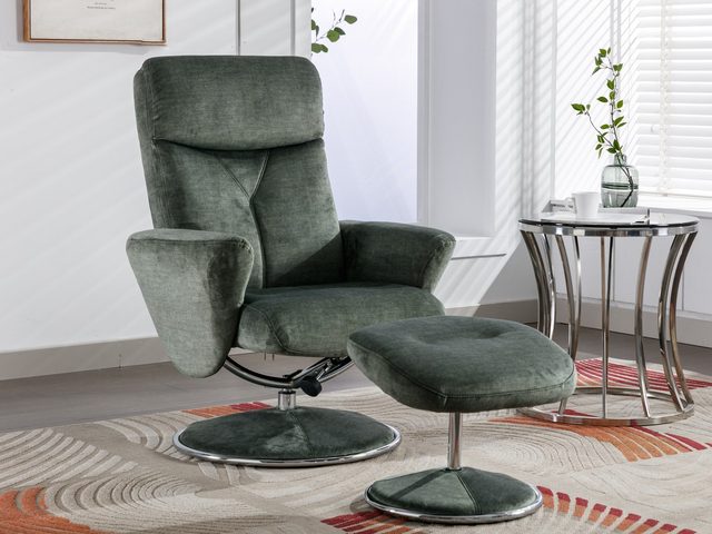 The Padstow swivel recliner and footstool in Moss Green fabric