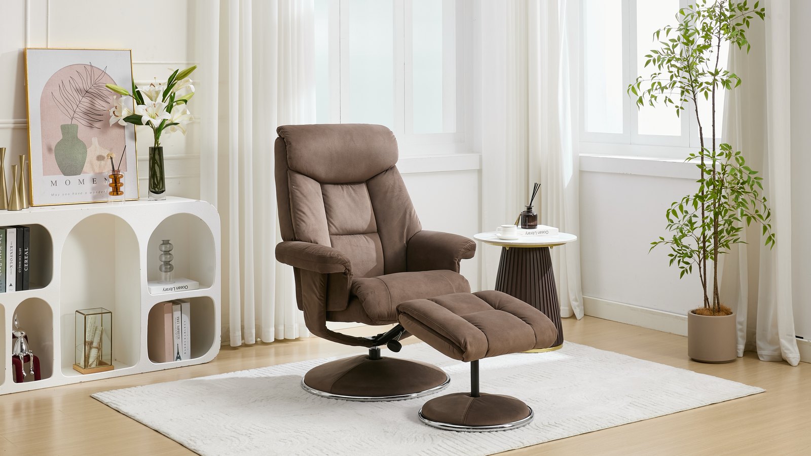 The Basque swivel recliner chair and footstool in Fawn fabric in a bright living room