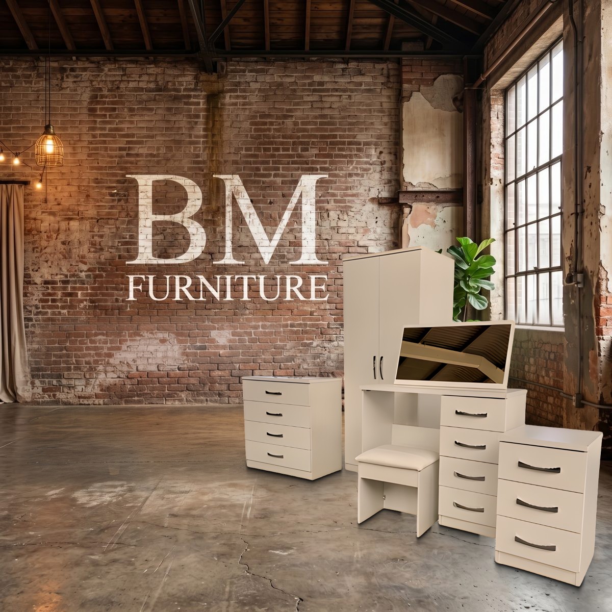 White bedroom furniture set with wardrobe, dressing table and drawers at BM Furniture