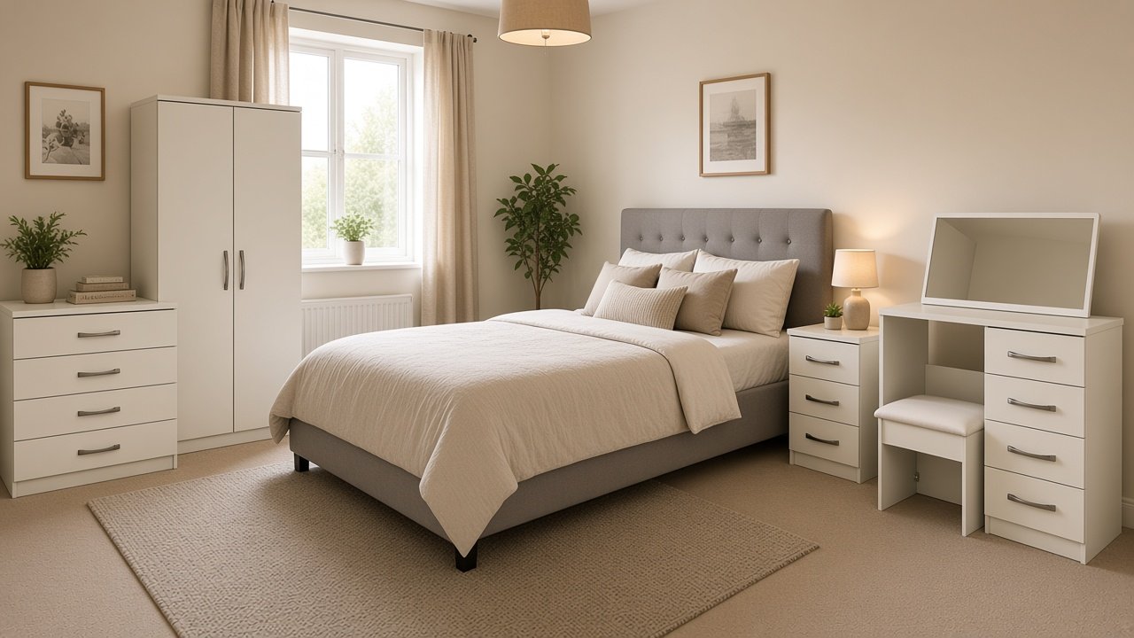 Children’s home bedroom furniture from BM Furniture: grey divan bed, white wardrobe, four-drawer chest, bedside and dressing table