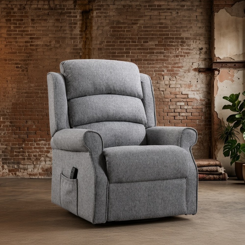 Dover riser recliner chair in grey fabric with side pocket