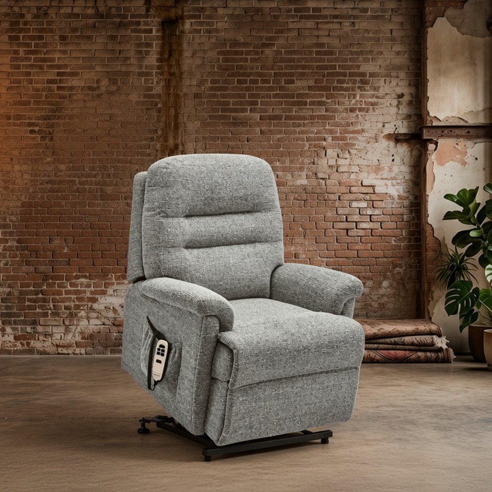 Sherborne Keswick riser recliner chair in grey fabric, raised to help you stand