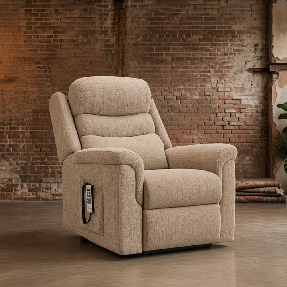 Sherborne Leyburn riser recliner chair in oatmeal fabric with handset